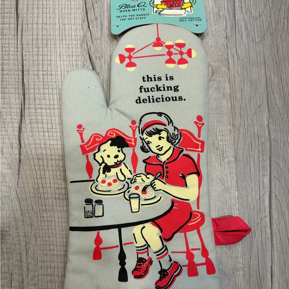 Blue Q Retro Oven Mitt with Red and Black Design